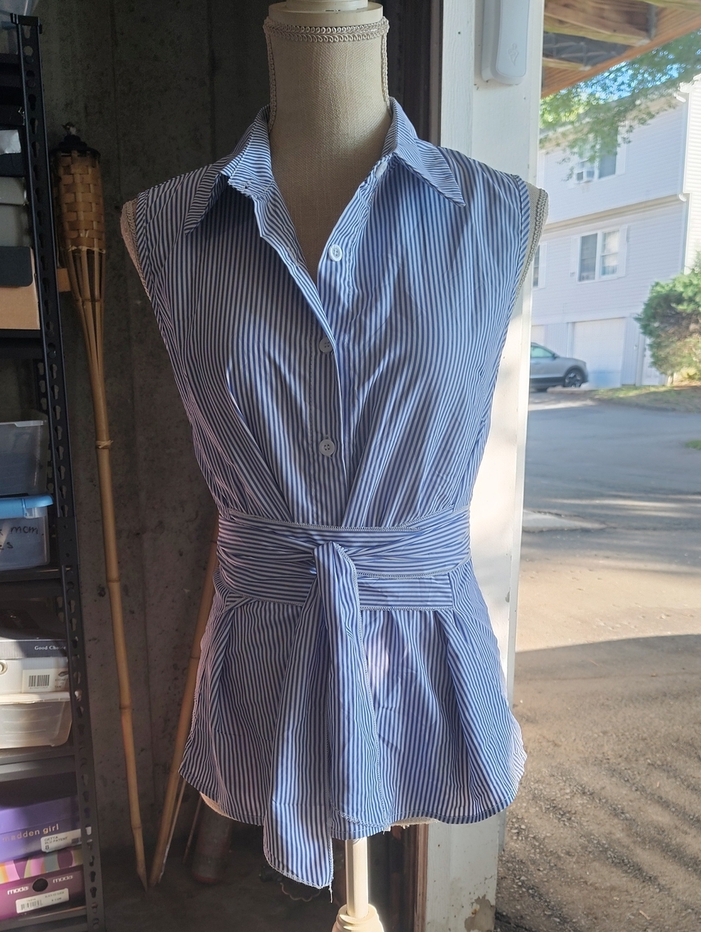 Sleeveless Blue Striped Tie-Waist Button-Down Shirt